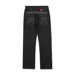 Chic Star Letter Embroidery Black Straight Jeans Streetwear Y2k Mens XS 30